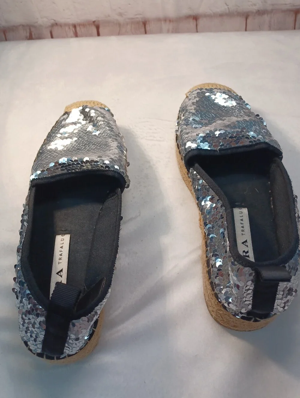 zara trafaluc silver sequin espadrille loafers flats sparkle shoes eu 38 us 7.5